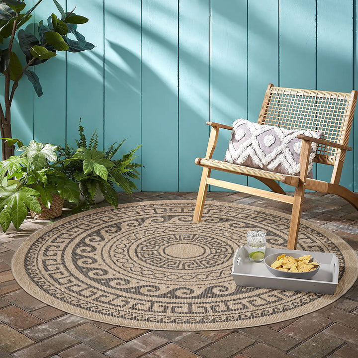 Teppich Outdoor Flachgewebe Vintage Polypropylen Balkon_Schwarz_Rund_