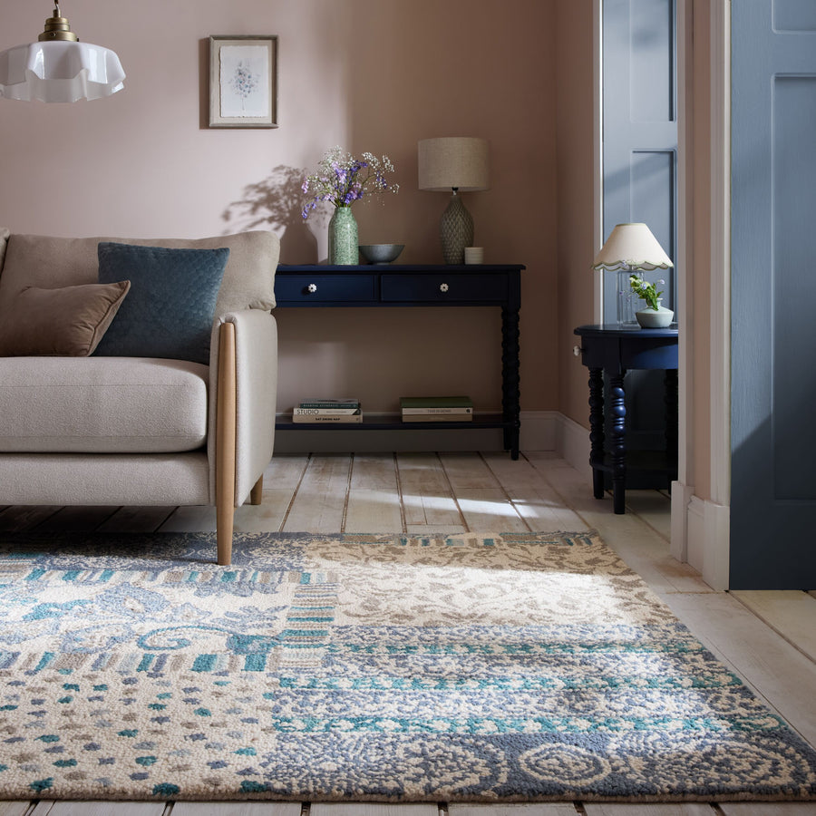 Wollteppich Patchwork - Wohnzimmer_Blau_Rechteckig_