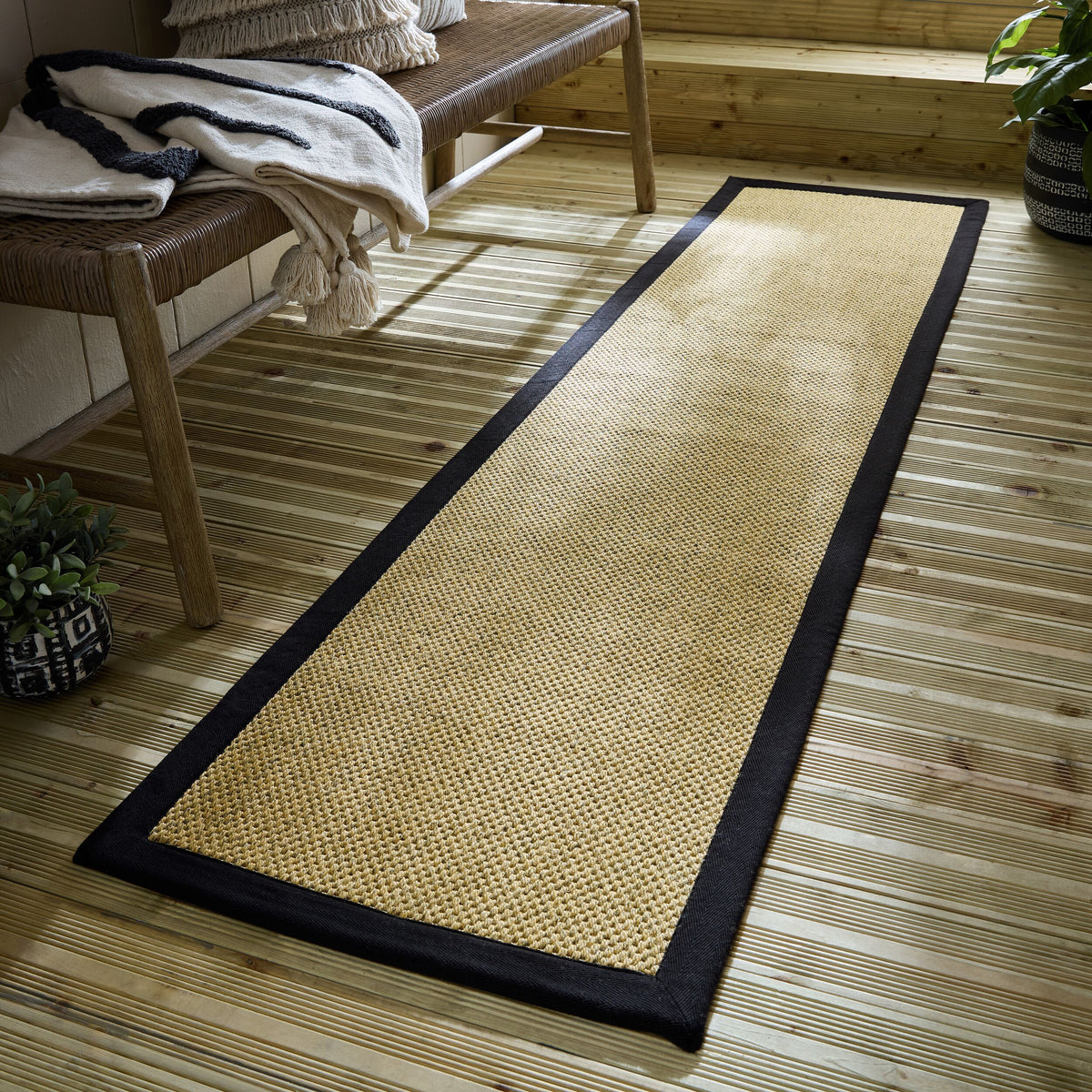 Outdoor Teppich Sisal Bordüre - Balkon schmutzabweisend_Natur-Schwarz_Läufer_
