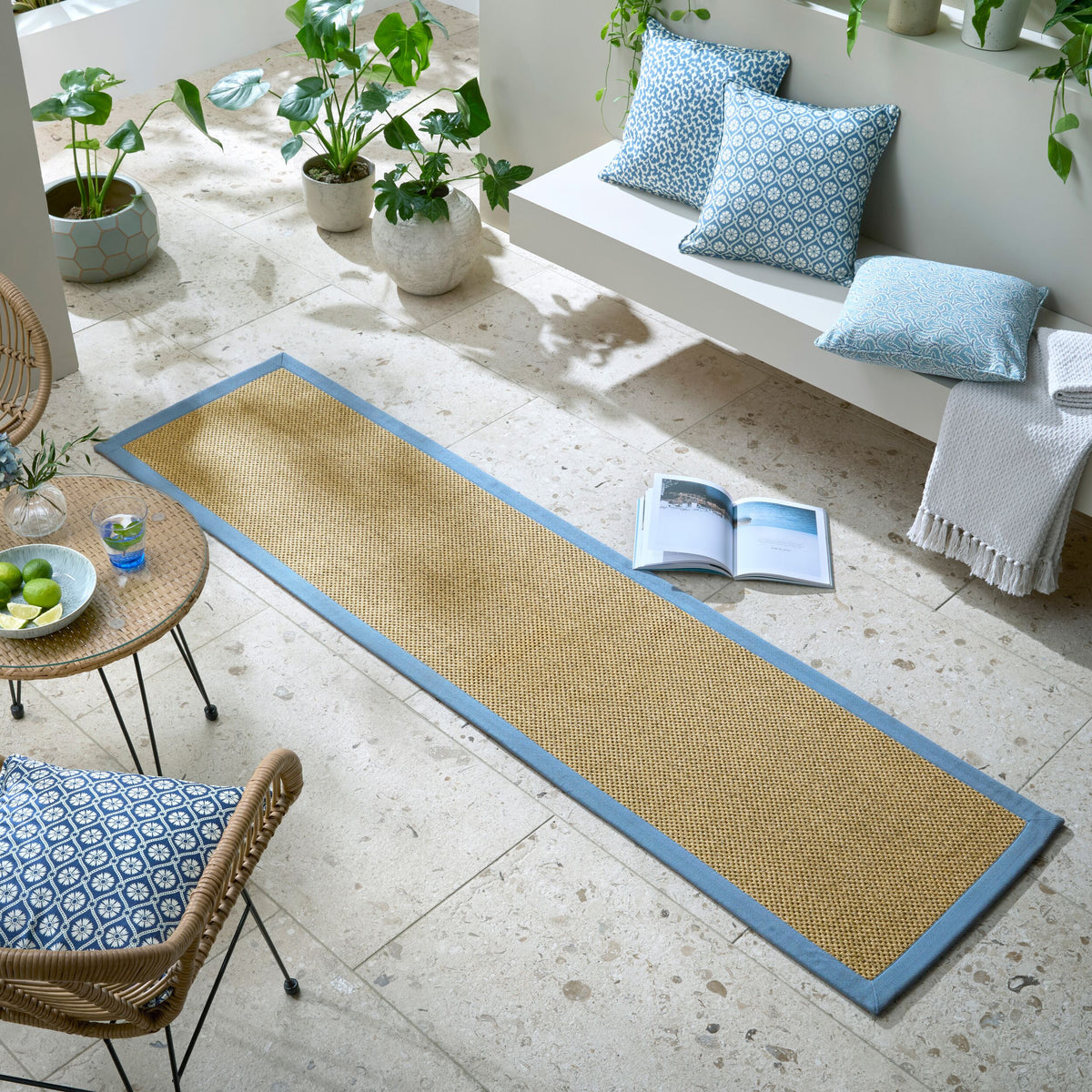 Outdoor Teppich Sisal Bordüre - Balkon schmutzabweisend Natur-Blau Läufer