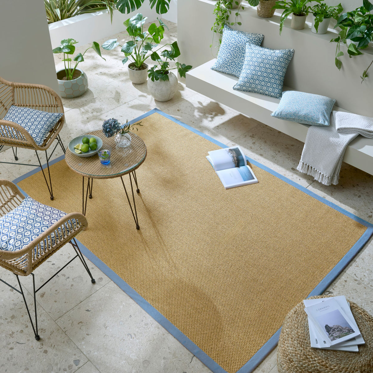 Outdoor Teppich Sisal Bordüre - Balkon schmutzabweisend Natur-Blau Rechteckig