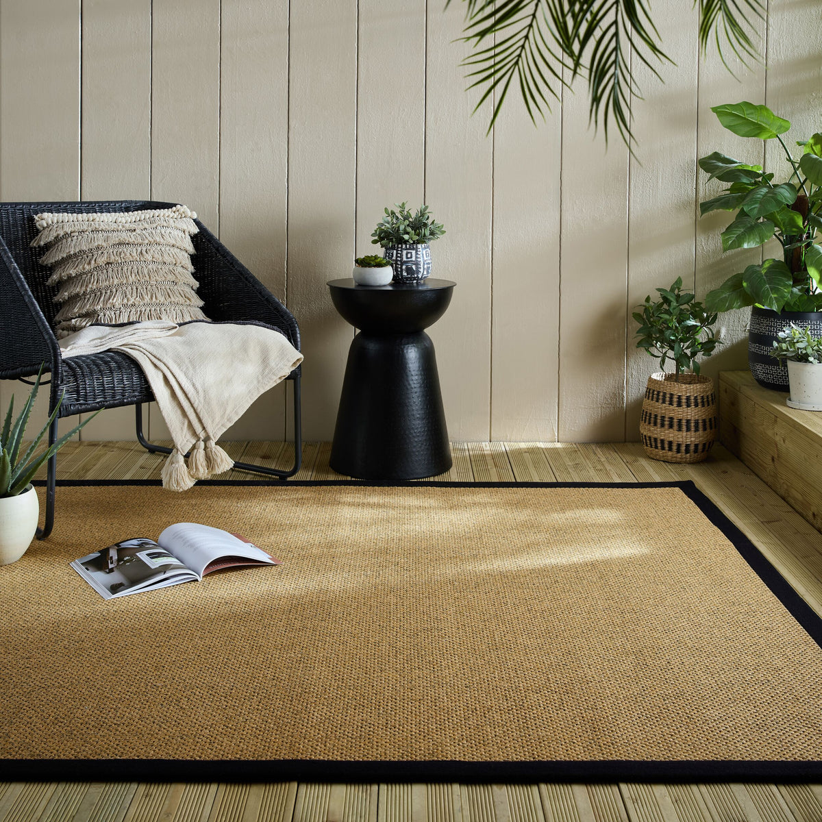 Outdoor Teppich Sisal Bordüre - Balkon schmutzabweisend_Natur-Schwarz_Rechteckig_
