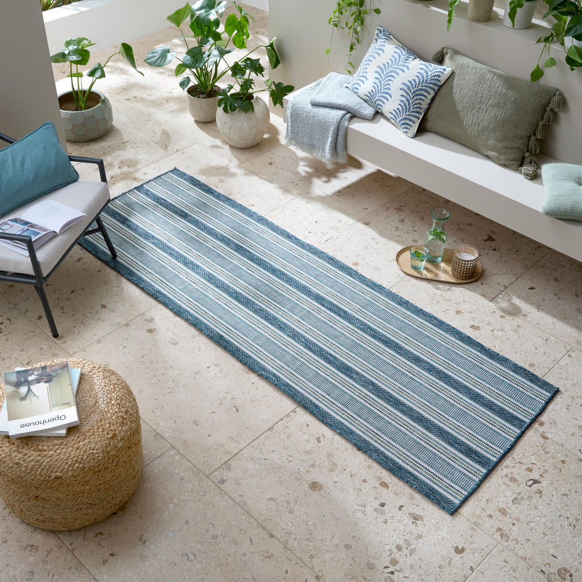Outdoor Teppich Streifen - Geometrisch - Terrasse schmutzabweisend Blau-Grün Läufer