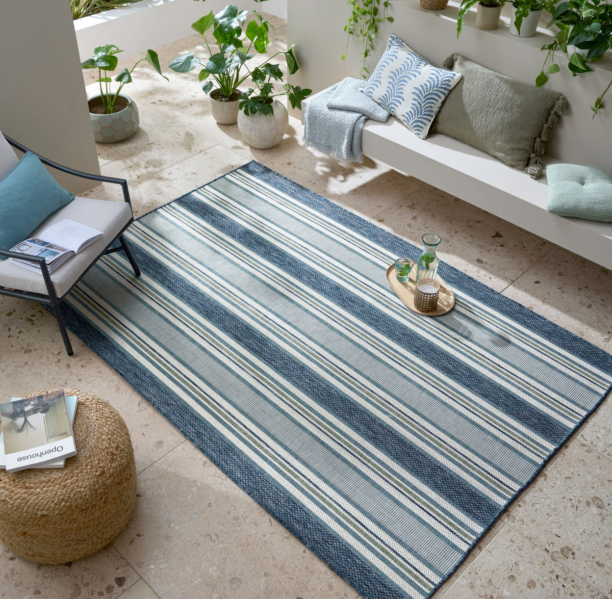 Outdoor Teppich Streifen - Geometrisch - Terrasse schmutzabweisend_Blau-Grün_Rechteckig_