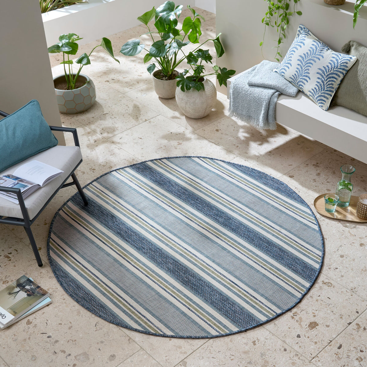Outdoor Teppich Streifen - Geometrisch - Terrasse schmutzabweisend_Blau-Grün_Rund_