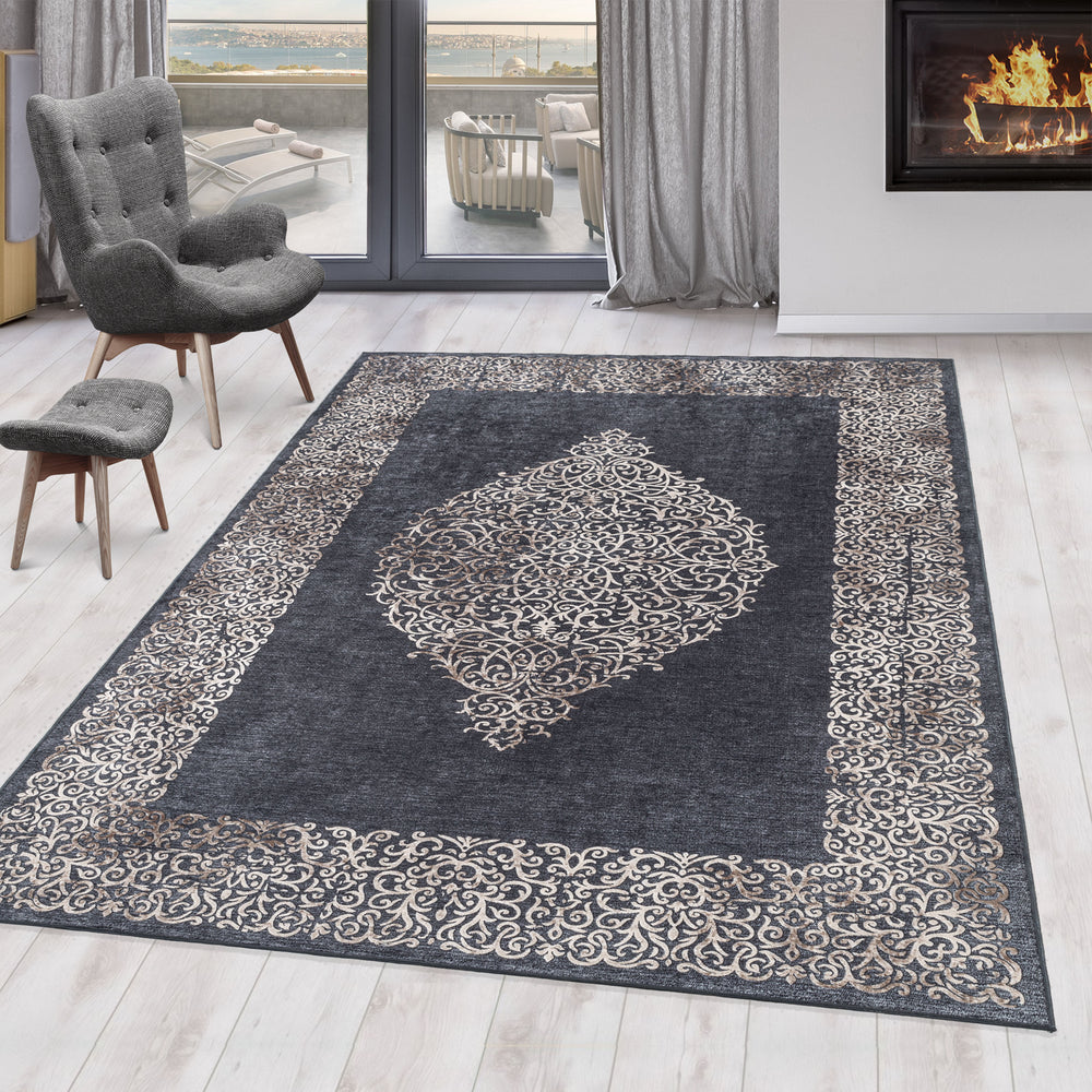 Teppich Waschbar Flachgewebe Barock Polyester Wohnzimmer_Schwarz_Läufer_