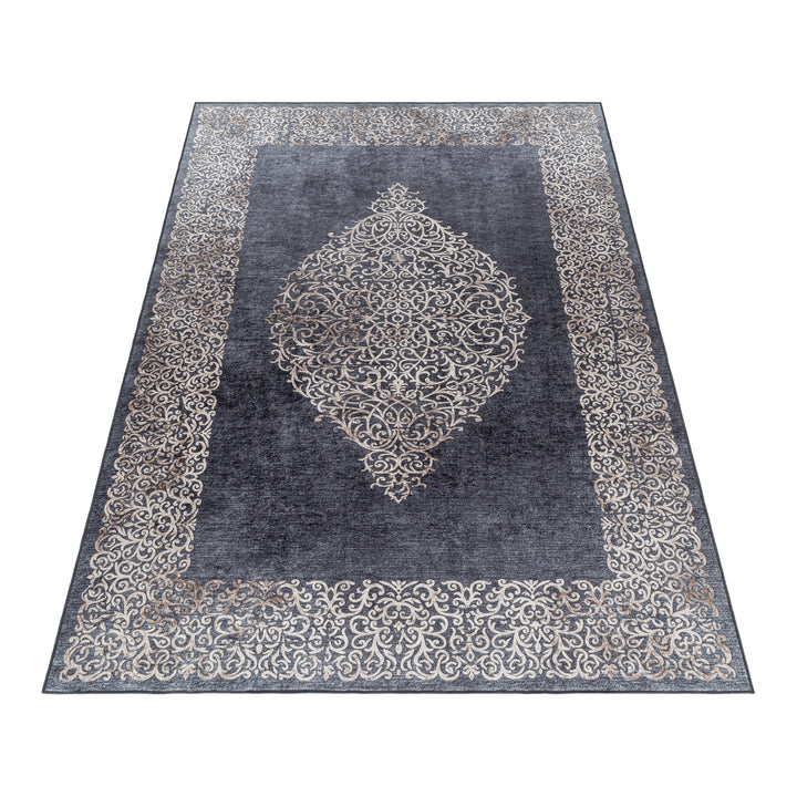 Teppich Waschbar Flachgewebe Barock Polyester Wohnzimmer Schwarz Läufer 80x150_Läufer_