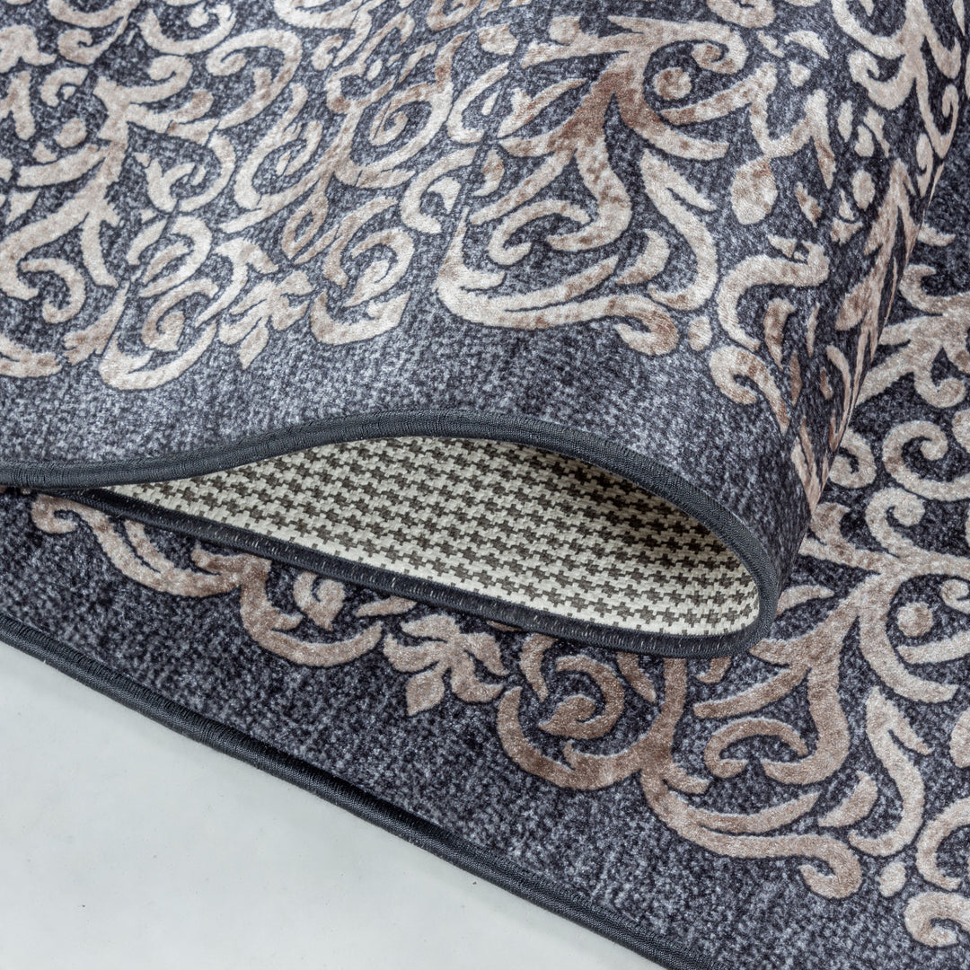 Teppich Waschbar Flachgewebe Barock Polyester Wohnzimmer_Schwarz_Läufer_