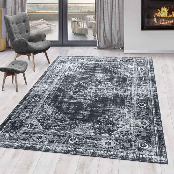 Teppich Waschbar Flachgewebe Orientalisch Polyester Wohnzimmer_Schwarz_Läufer_