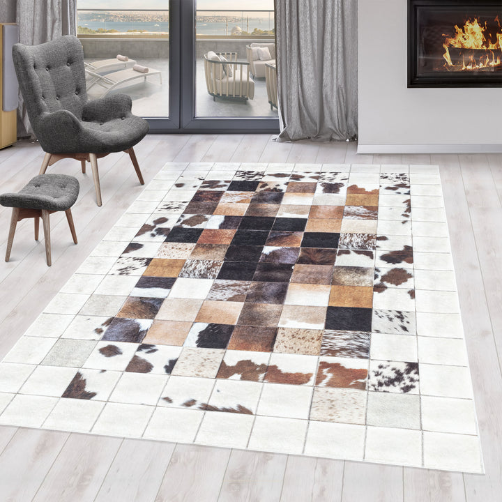 Teppich Waschbar Flachgewebe Patchwork Design Polyester Wohnzimmer_Weiß_Läufer_