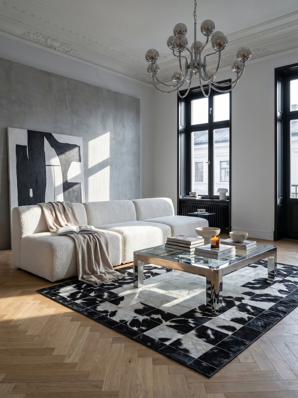 Teppich Schwarz-Weiß rechteckig im Wohnzimmer Einrichtungsidee_