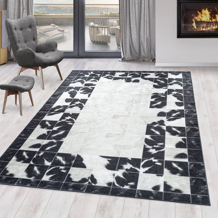 Teppich Waschbar Flachgewebe Patchwork Design Polyester Wohnzimmer_Schwarz_Läufer_
