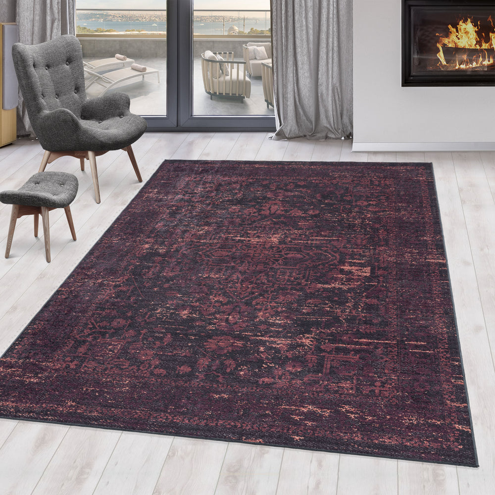 Teppich Waschbar Flachgewebe Vintage Look Polyester Wohnzimmer_Rot_Läufer_