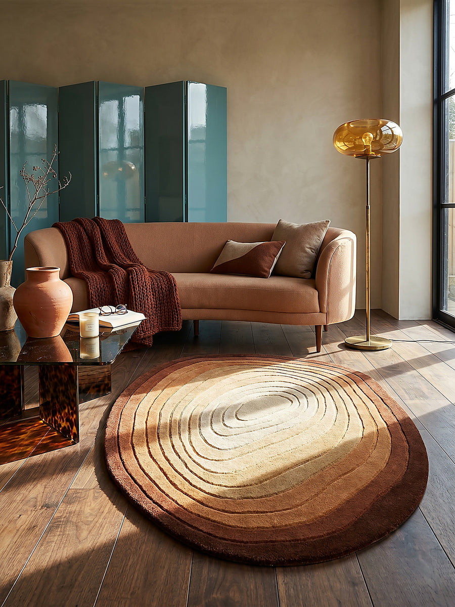 Teppich Terrakotta oval im modernen Wohnzimmer Einrichtungsidee_