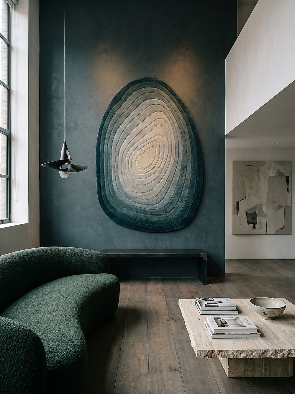 Teppich Türkis-Beige oval als Wandteppich Wanddekoration Textilkunst Interior Design_