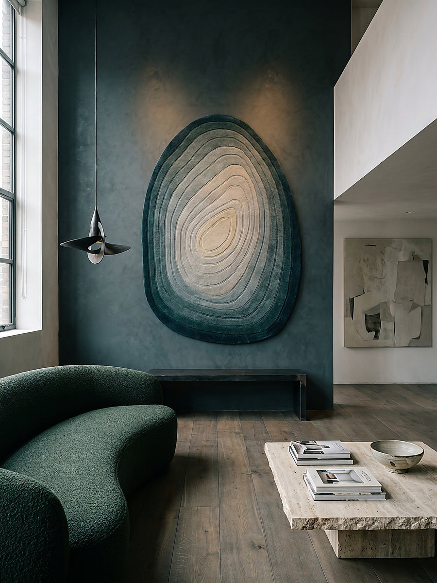 Teppich Türkis-Beige oval als Wandteppich Wanddekoration Textilkunst Interior Design_