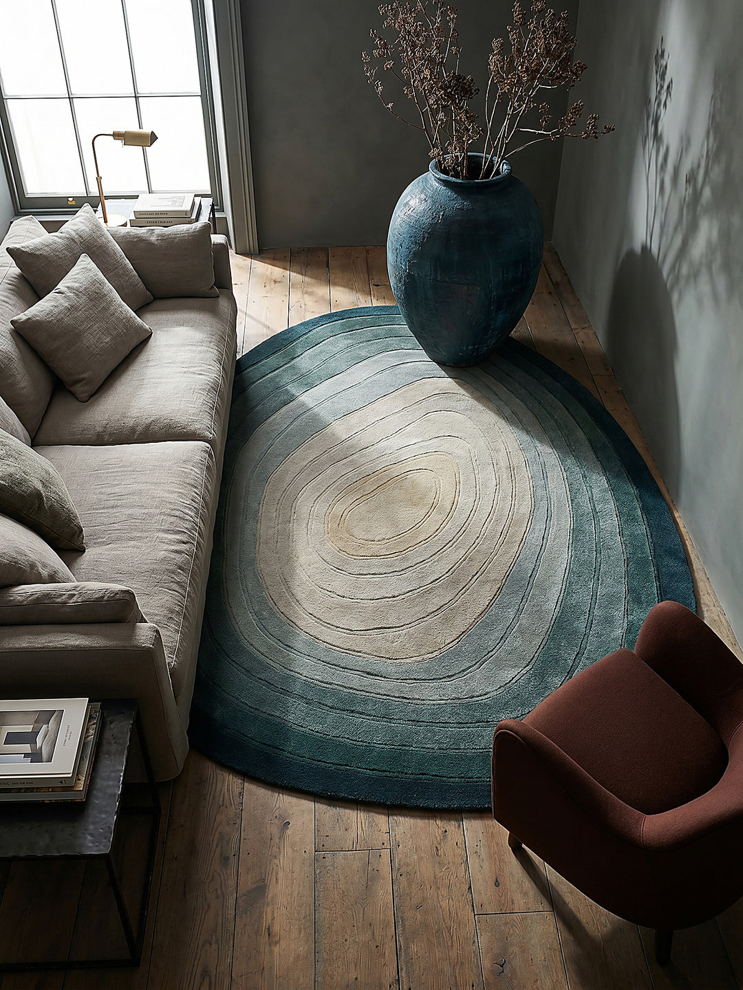 Teppich Türkis-Beige oval Musteransicht von oben Designkollektion_