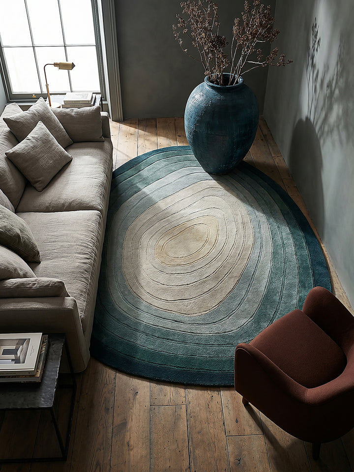 Teppich Türkis-Beige oval Musteransicht von oben Designkollektion_
