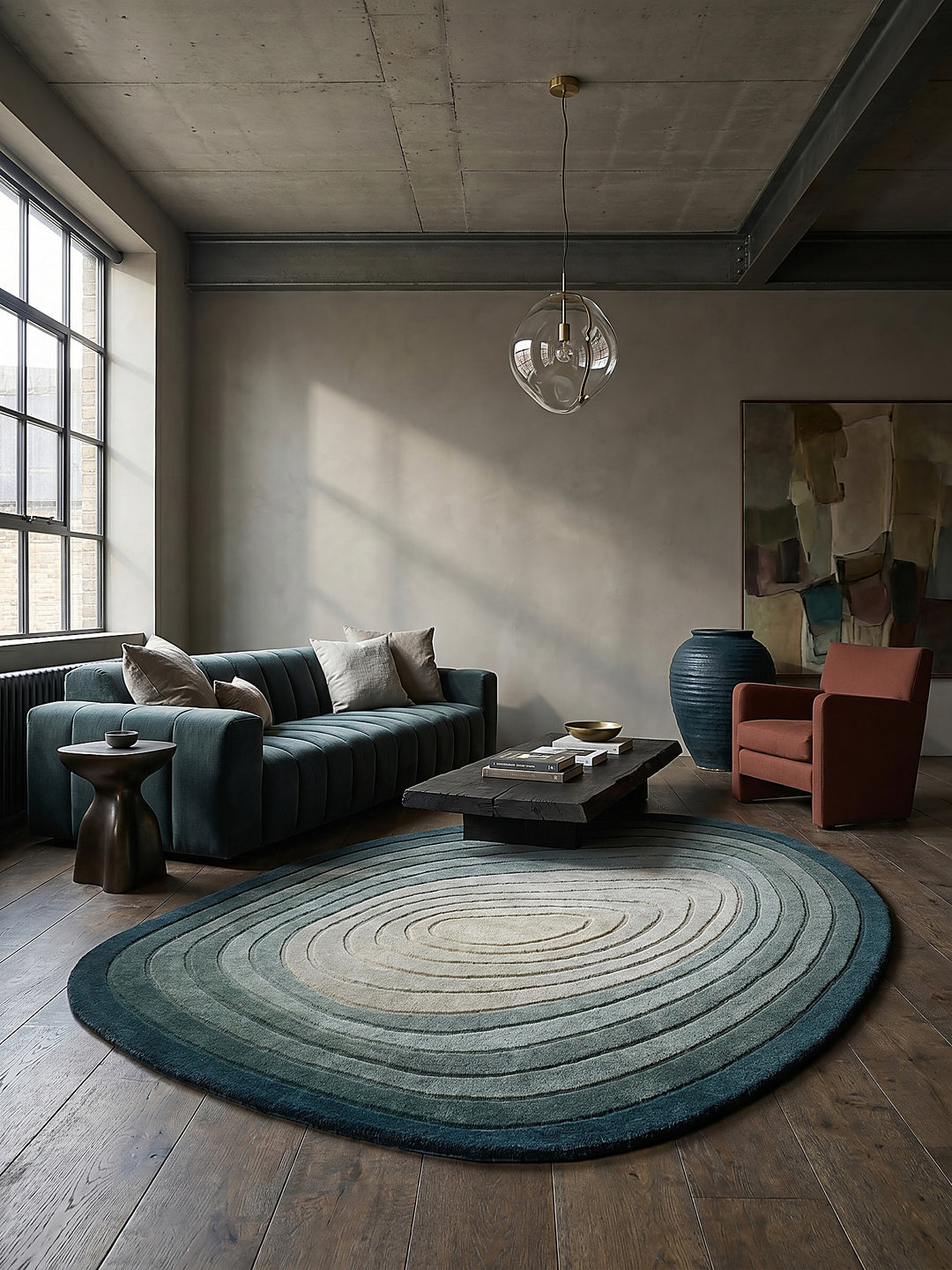 Teppich Türkis-Beige oval im modernen Wohnzimmer Einrichtungsidee_