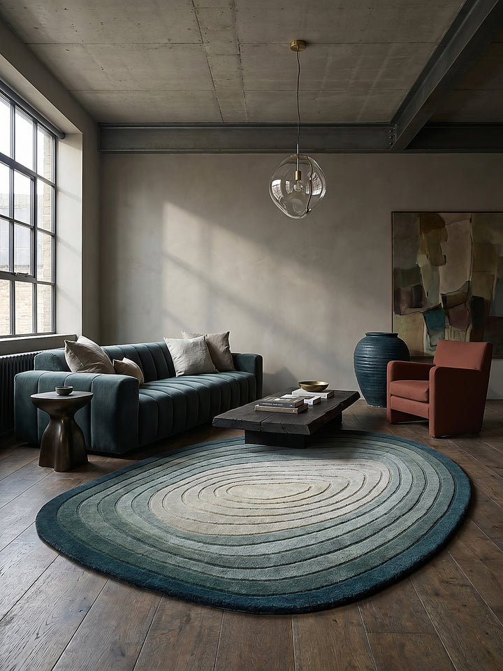 Teppich Türkis-Beige oval im modernen Wohnzimmer Einrichtungsidee_