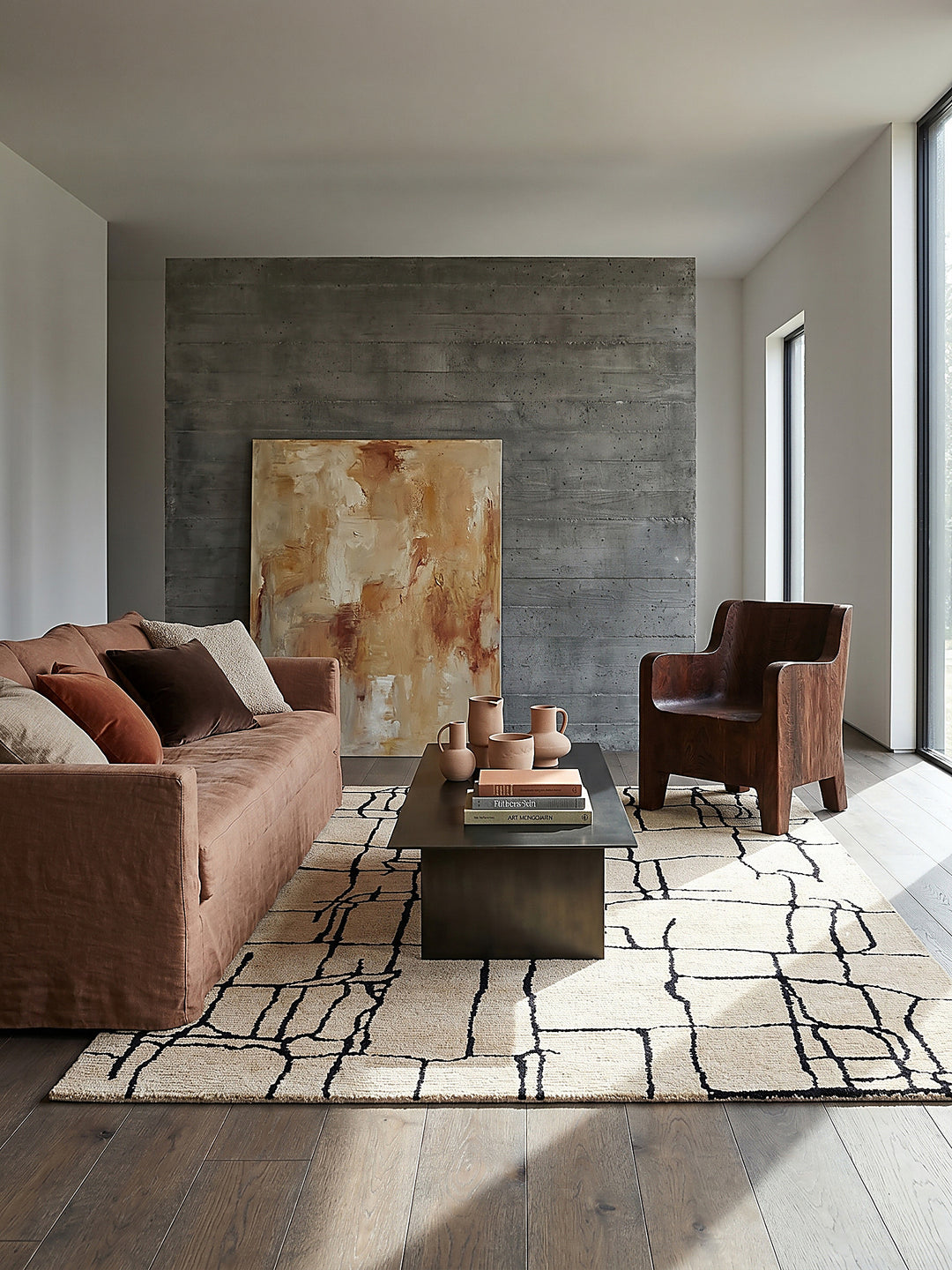 Teppich Creme-Schwarz rechteckig Editorial Interior als Designobjekt drapiert hochwertige Wohnaccessoires_
