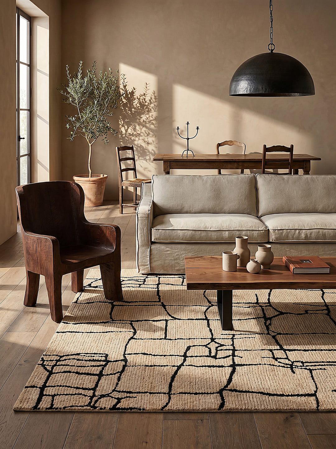 Teppich Creme-Schwarz rechteckig im Wohnzimmer mit Couchtisch und Wohnaccessoires Wohnidee skandinavisch modern_