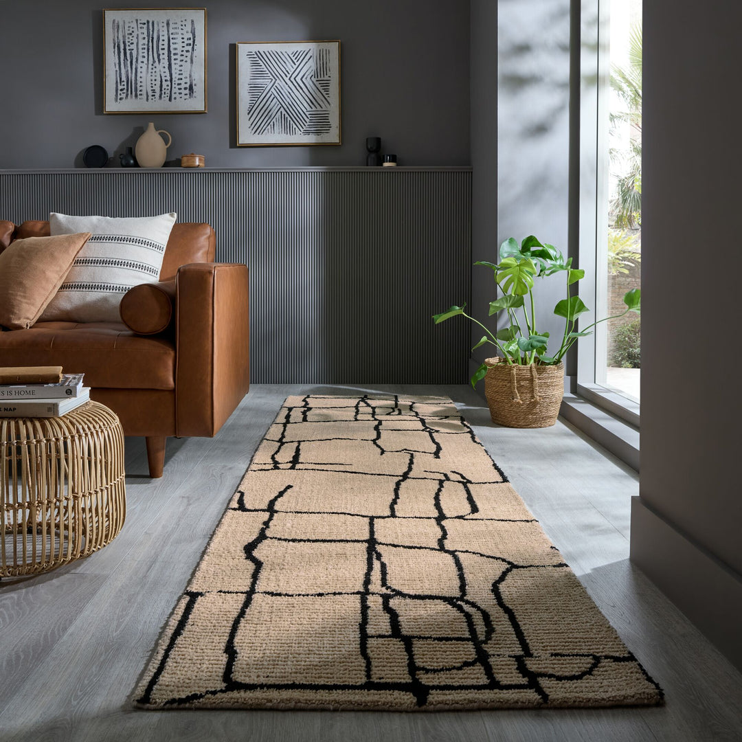 Teppich Kurzflor Bruchlinien Muster - Abstrakt - Wohnzimmer_Creme-Schwarz_Läufer_