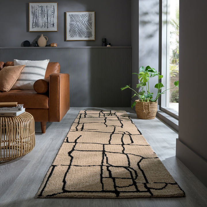 Teppich Kurzflor Bruchlinien Muster - Abstrakt - Wohnzimmer_Creme-Schwarz_Läufer_