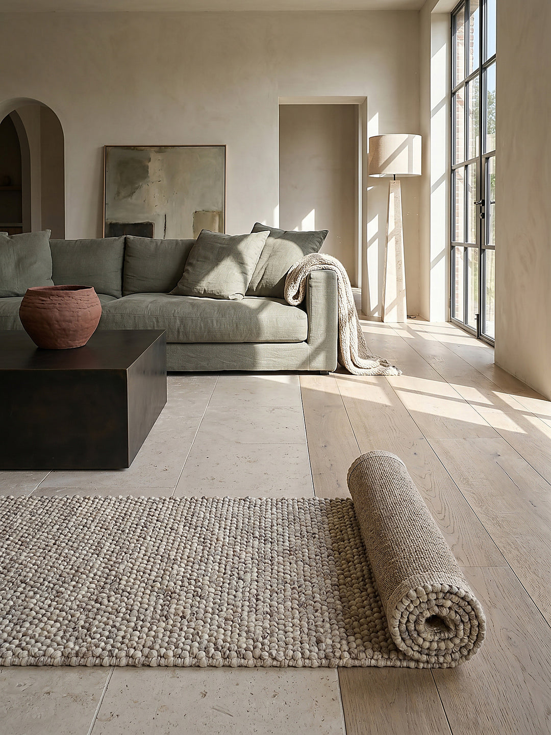 Teppich Beige Läufer Editorial Interior als Designobjekt drapiert hochwertige Wohnaccessoires_