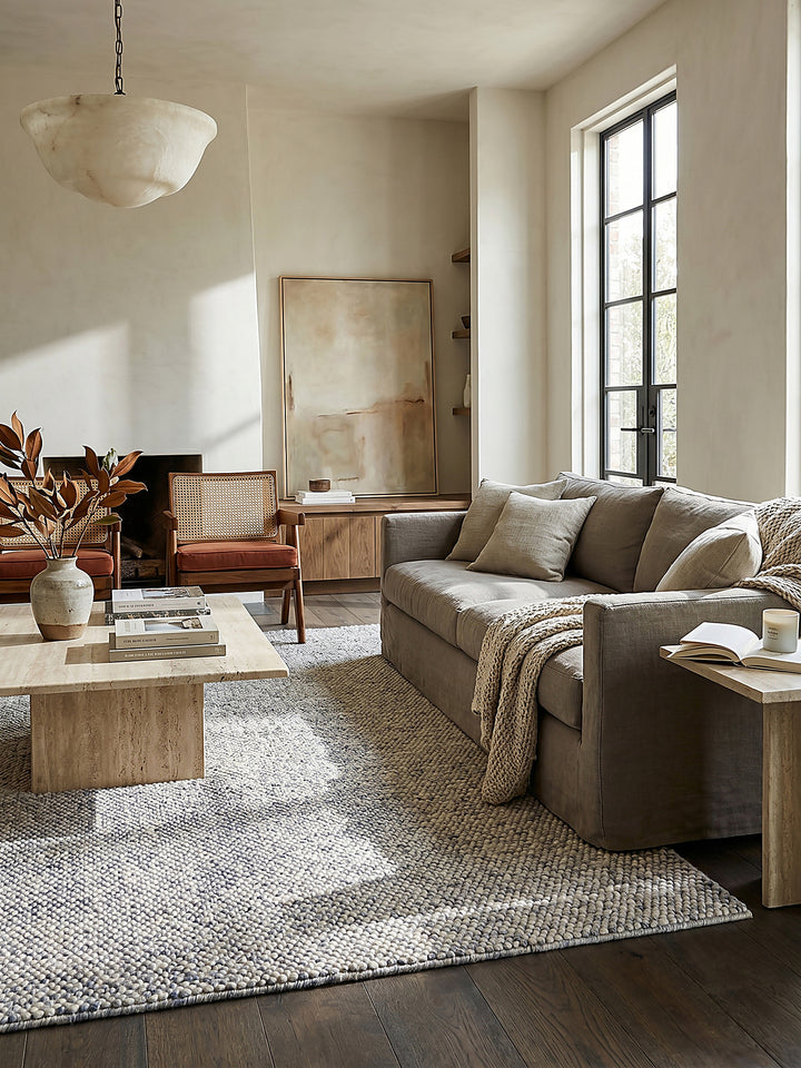 Teppich Hellblau rechteckig Editorial Interior als Designobjekt drapiert hochwertige Wohnaccessoires_