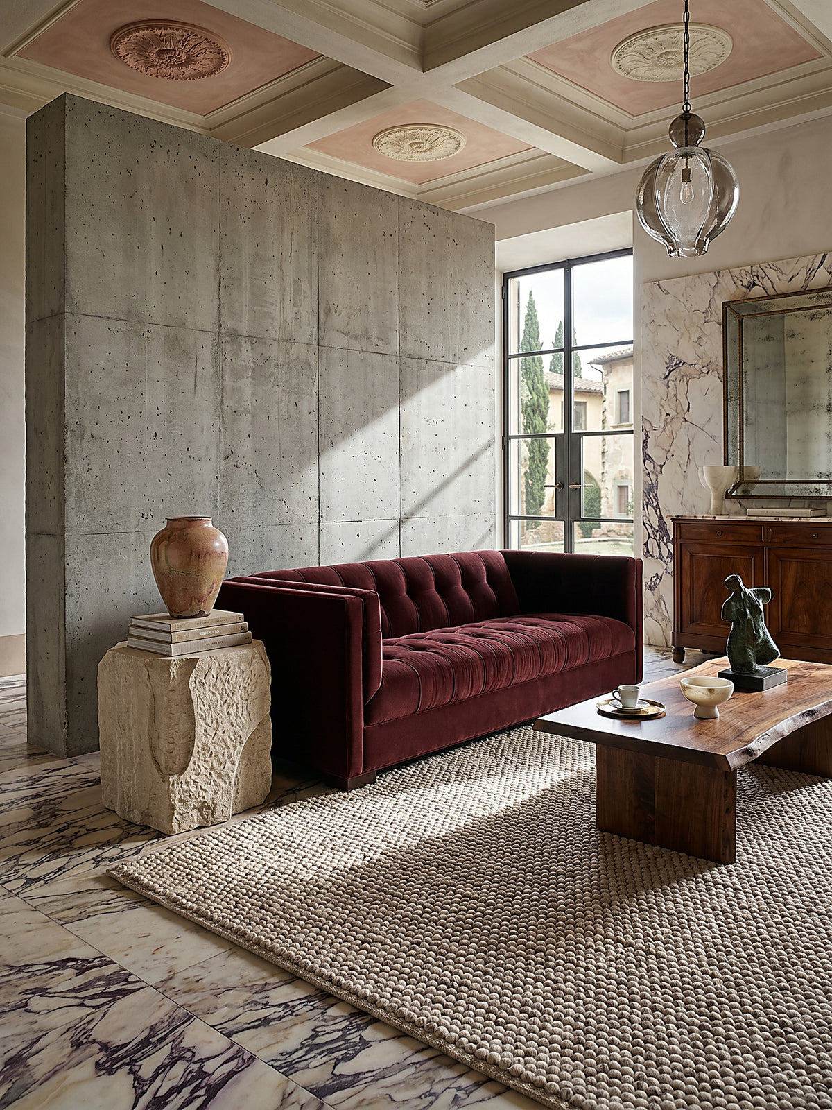 Teppich Beige rechteckig Editorial Interior als Designobjekt drapiert hochwertige Wohnaccessoires_