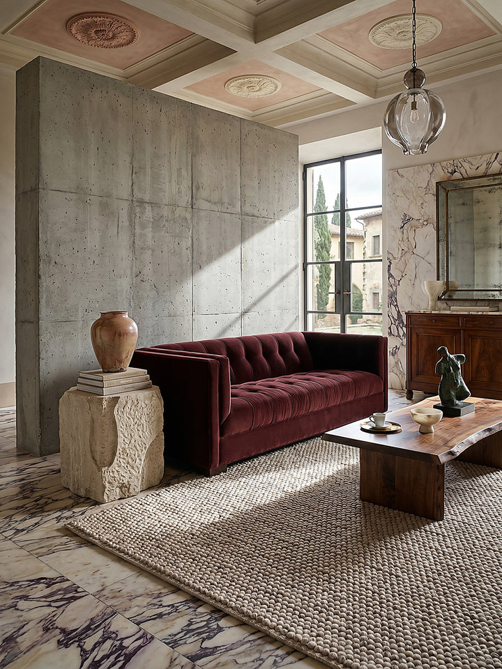 Teppich Beige rechteckig Editorial Interior als Designobjekt drapiert hochwertige Wohnaccessoires_