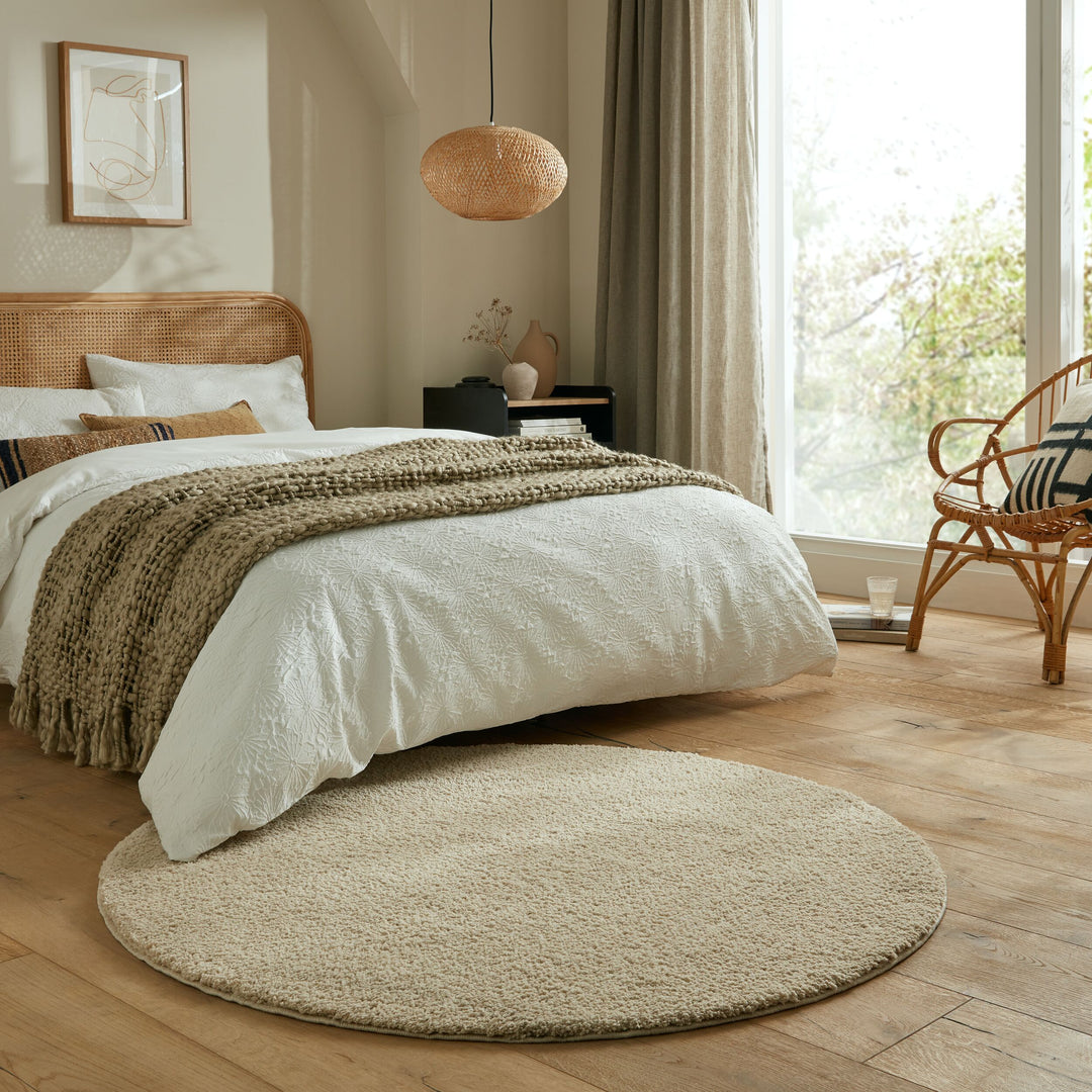 Hochflor Teppich waschbar Flauschig Unifarben - Wohnzimmer_Beige_Rund_