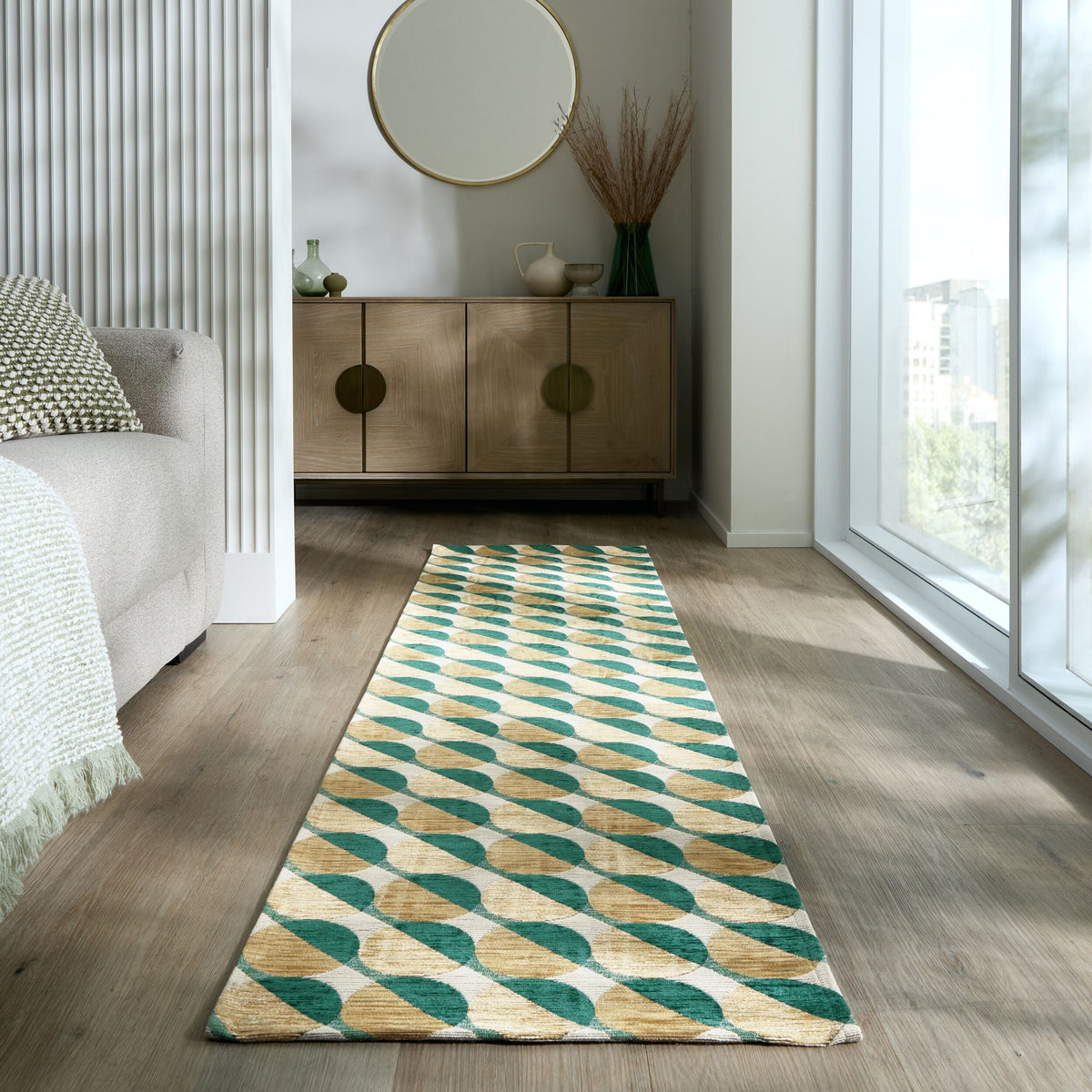 Teppich Kurzflor Kreis Muster - Geometrisch - Wohnzimmer_Grün-Natur_Läufer_