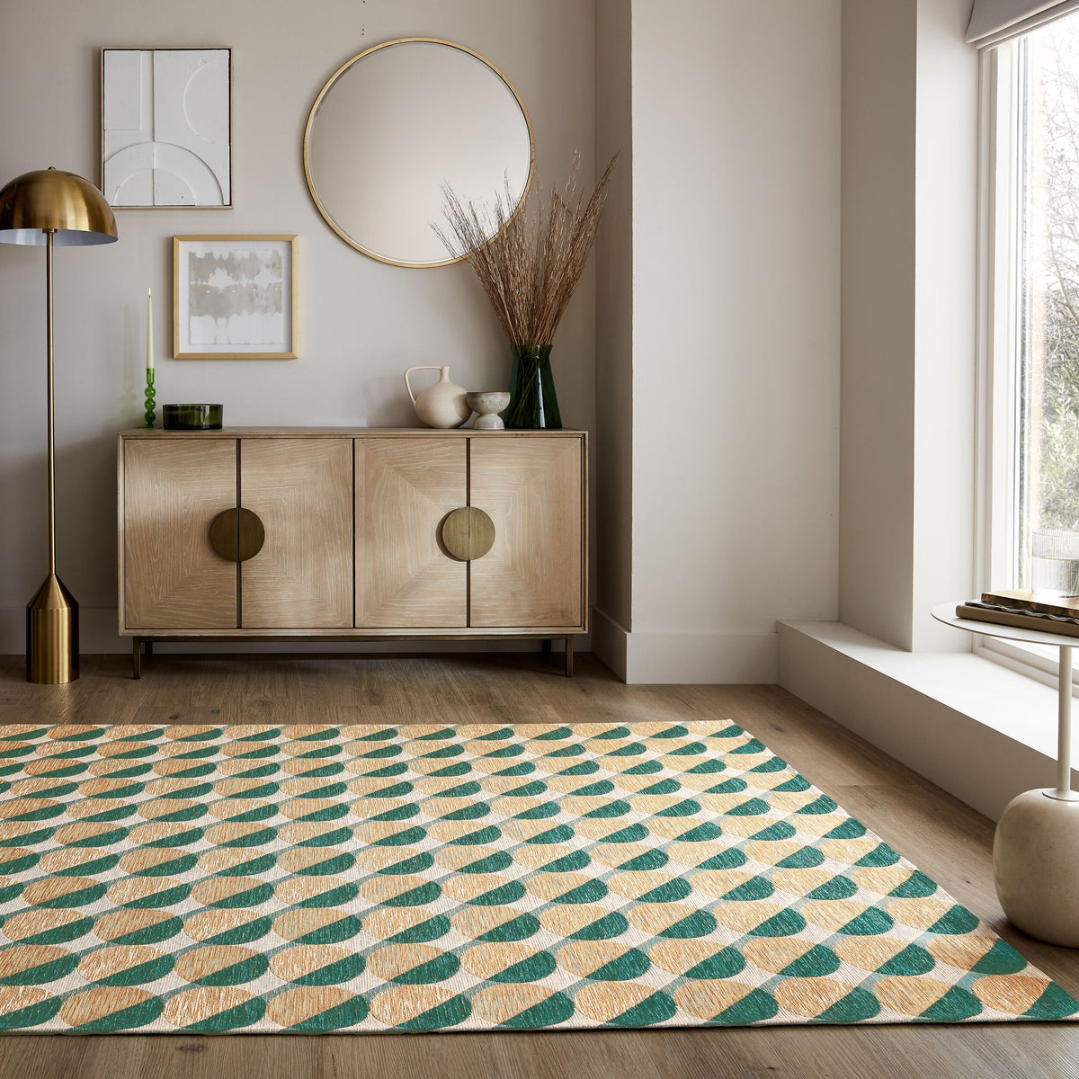 Teppich Kurzflor Kreis Muster - Geometrisch - Wohnzimmer Grün-Natur Rechteckig