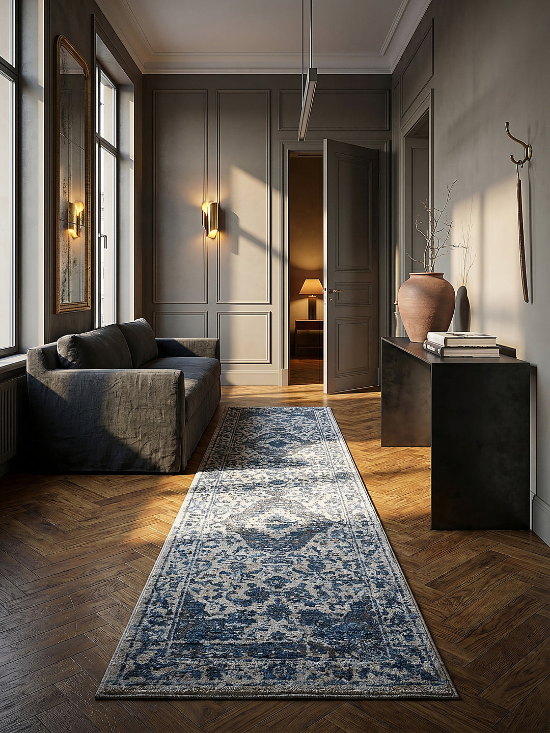 Teppich Blau Läufer im modernen Wohnzimmer Einrichtungsidee_