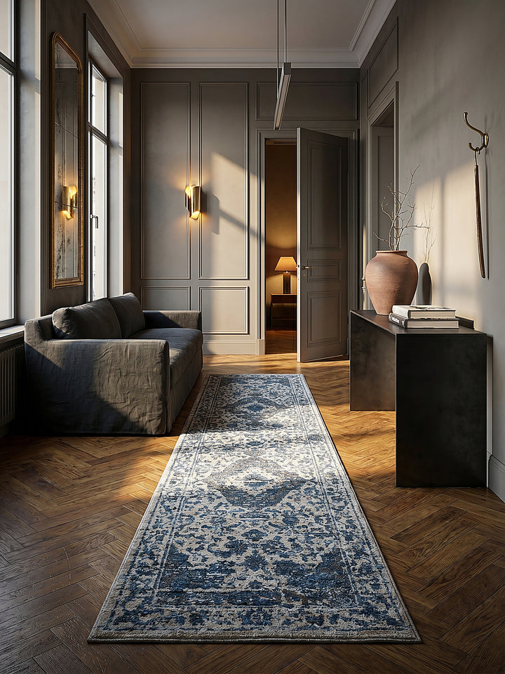 Teppich Blau Läufer im modernen Wohnzimmer Einrichtungsidee_