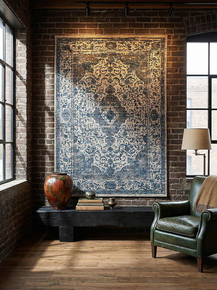 Teppich Blau rechteckig als Wandteppich Wanddekoration Textilkunst Interior Design_