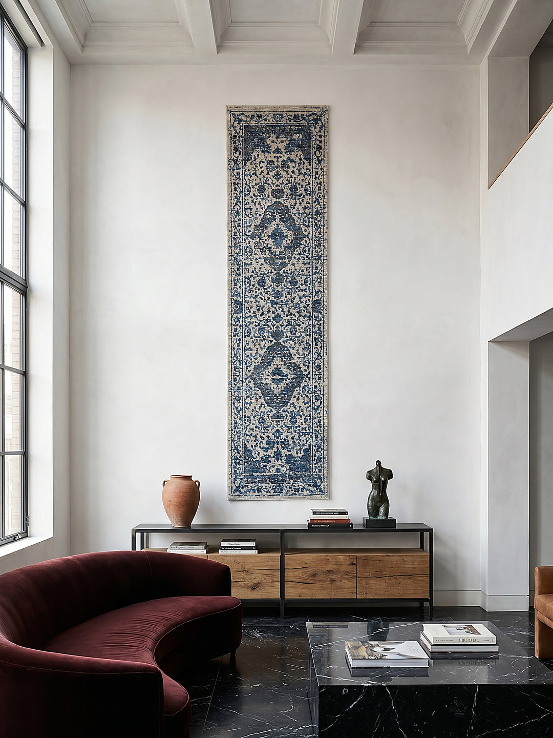 Teppich Blau Läufer als Wandteppich Wanddekoration Textilkunst Interior Design_