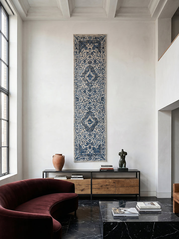 Teppich Blau Läufer als Wandteppich Wanddekoration Textilkunst Interior Design_