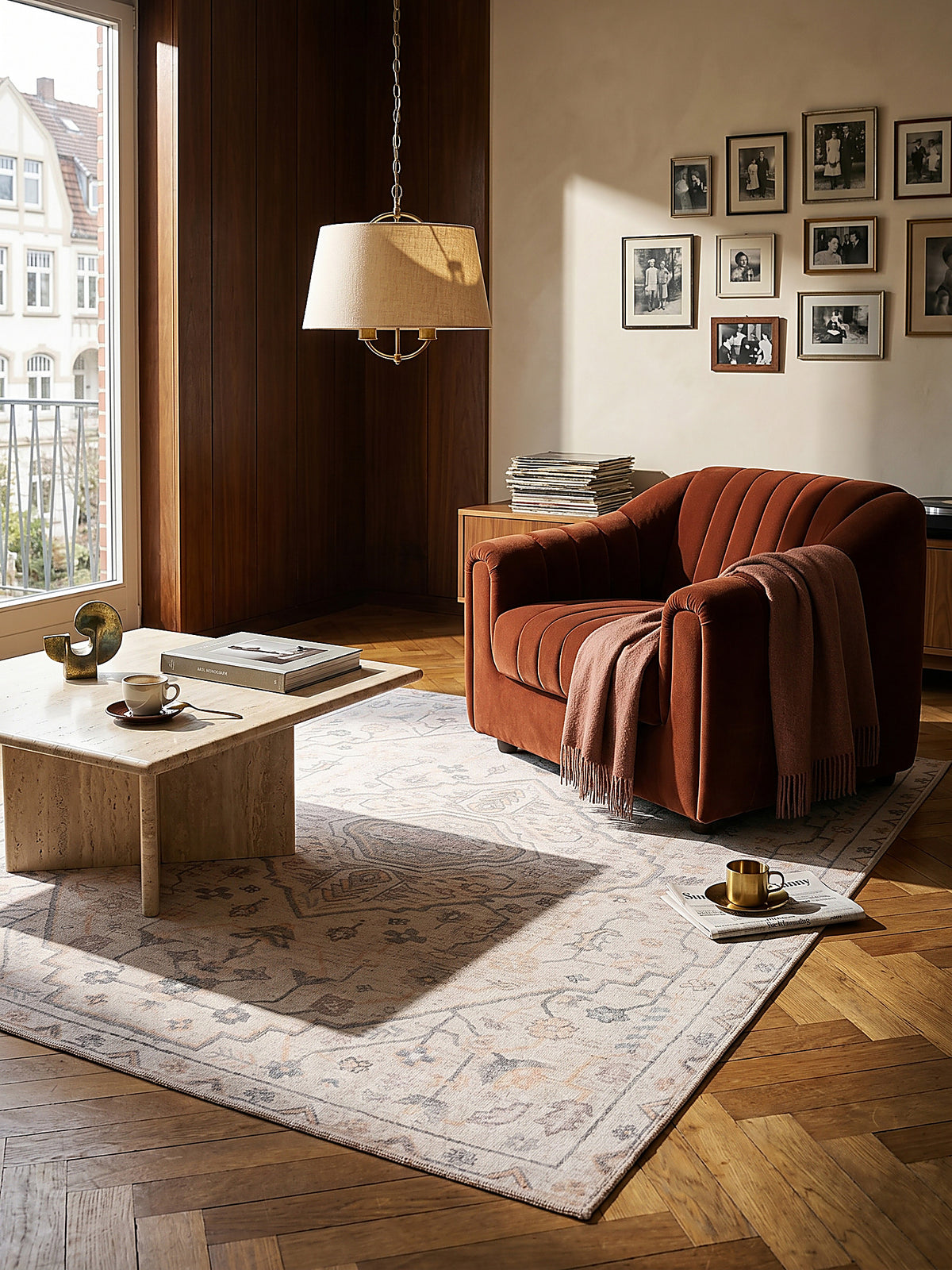 Flachgewebe-Teppich Medaillon · Beige · waschbar
