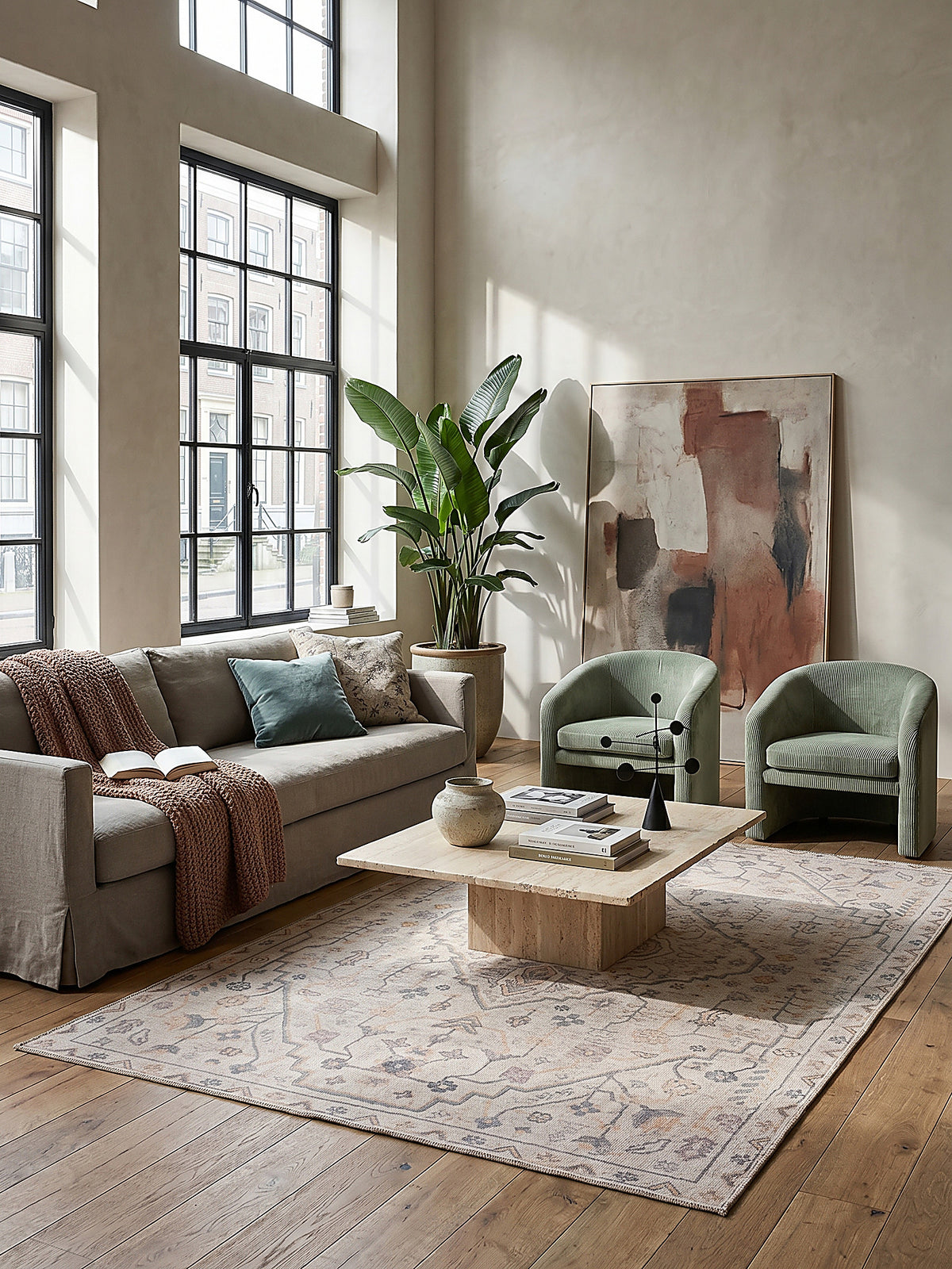 Teppich Beige rechteckig Editorial Interior als Designobjekt drapiert hochwertige Wohnaccessoires