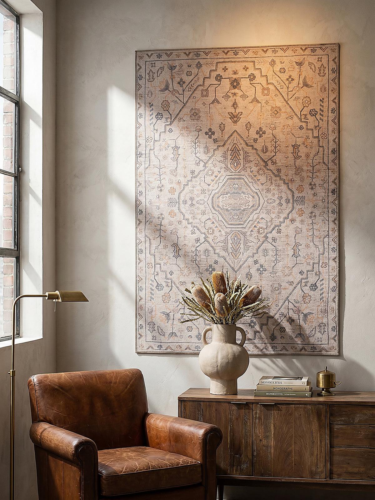 Teppich Beige rechteckig als Wandteppich Wanddekoration Textilkunst Interior Design_