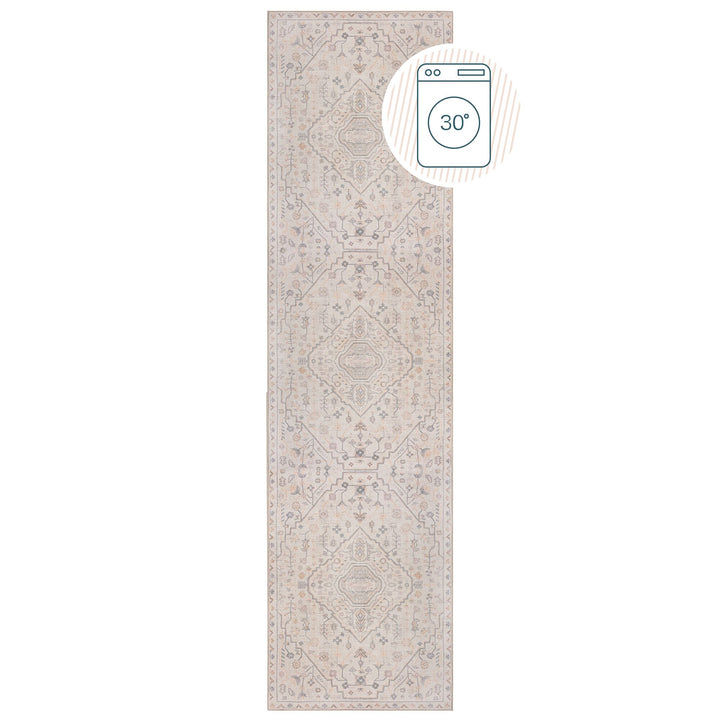 Teppich waschbar Medaillon Muster Orientalisches Vintage Design Beige Kurzflor_Läufer_