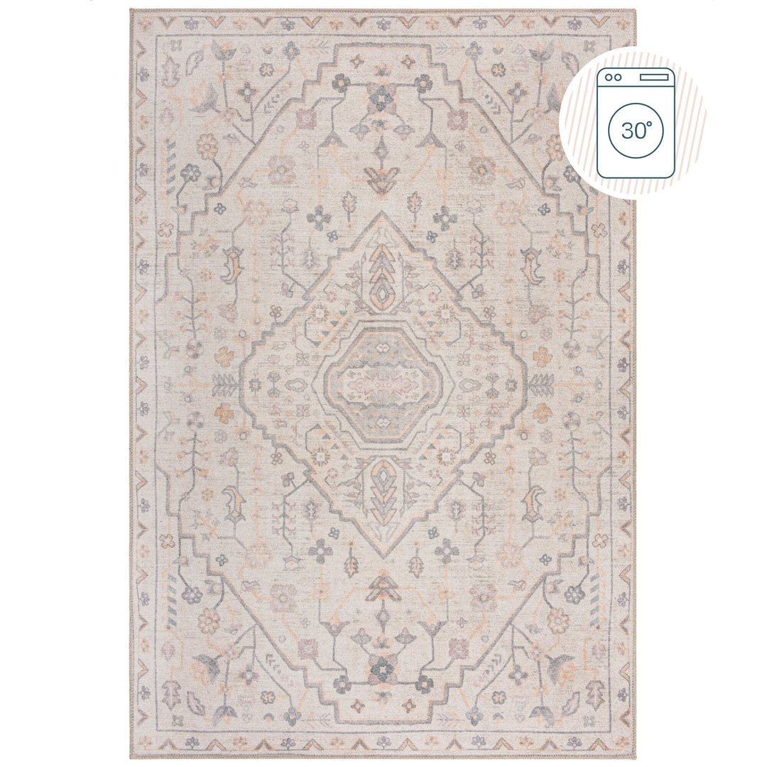 Teppich waschbar Medaillon Muster Orientalisches Vintage Design Beige Kurzflor_Rechteckig_