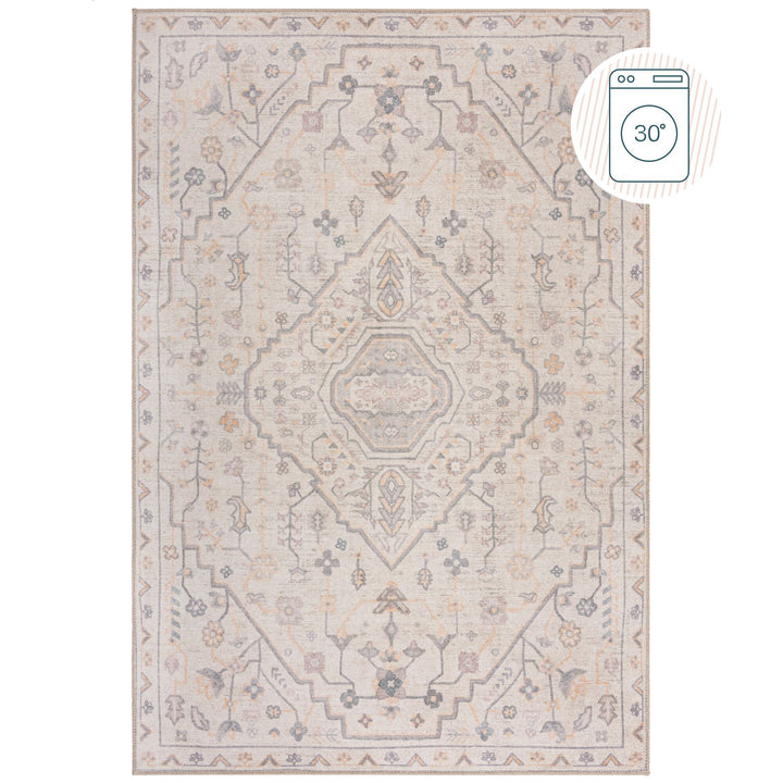 Teppich waschbar Medaillon Muster Orientalisches Vintage Design Beige Kurzflor_Rechteckig_