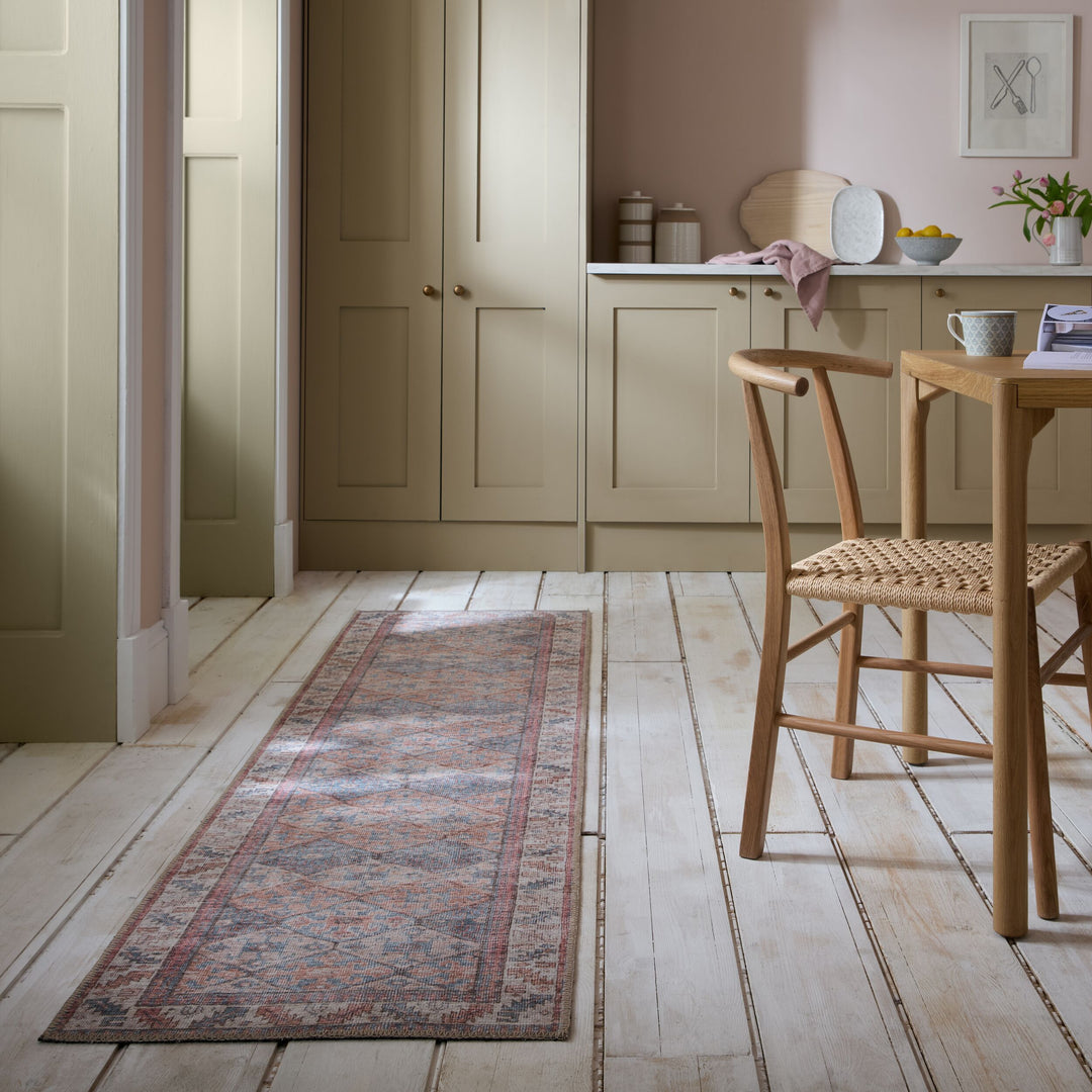 Waschbarer Teppich Vintage Rauten Muster - Orientalisch - Wohnzimmer_Rot-Natur_Läufer_