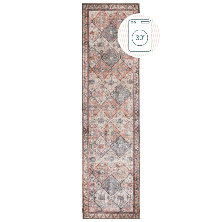Teppich waschbar Rautenmuster Vintage Kurzflor Rot-Natur_Läufer_