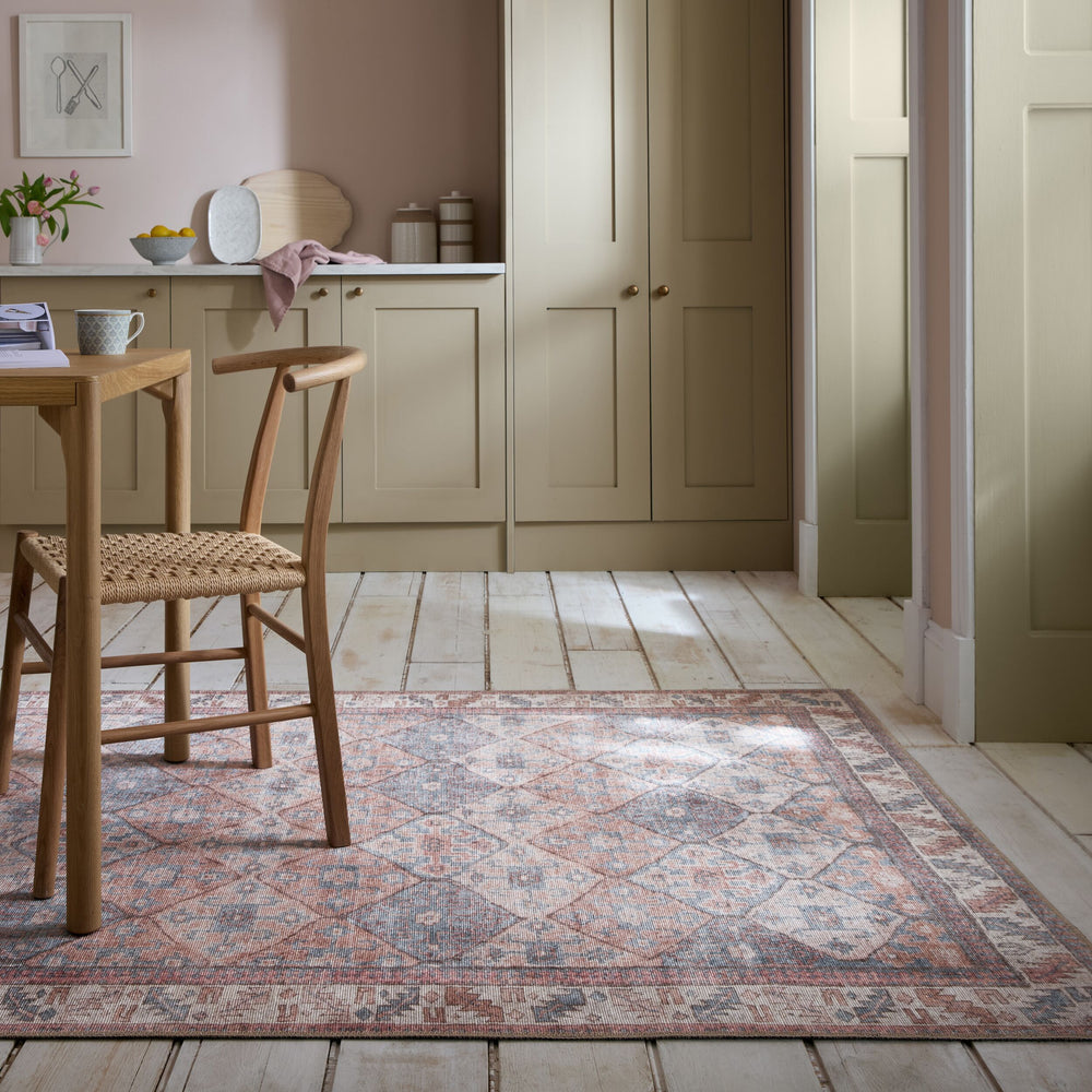 Waschbarer Teppich Vintage Rauten Muster - Orientalisch - Wohnzimmer_Rot-Natur_Rechteckig_