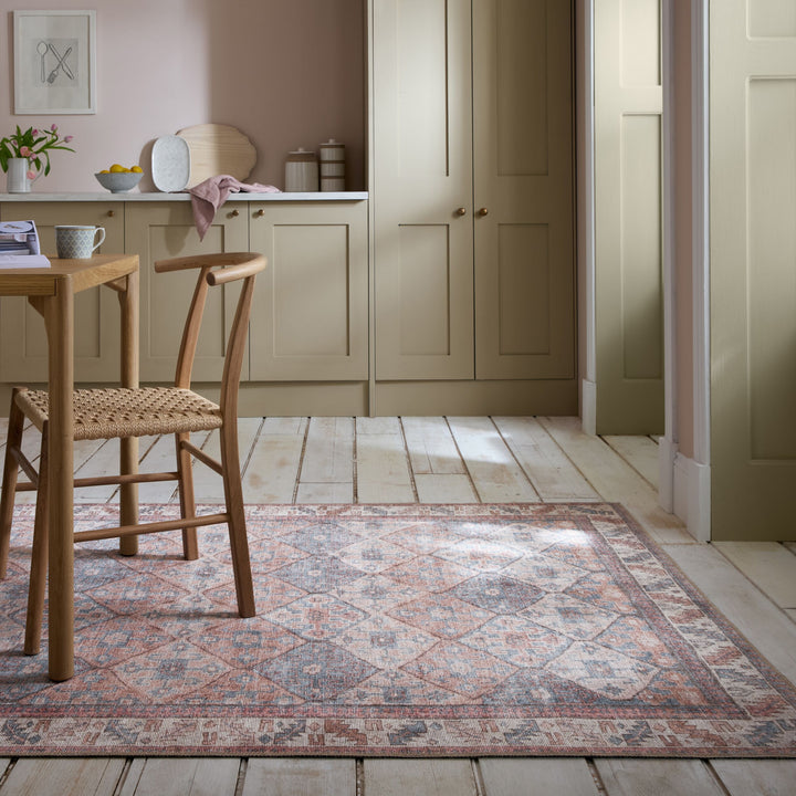 Waschbarer Teppich Vintage Rauten Muster - Orientalisch - Wohnzimmer_Rot-Natur_Rechteckig_